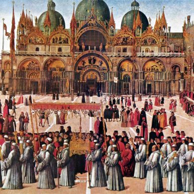 Gentile Bellini, Processione della Vera Croce a Piazza San Marco a Venezia (1496)